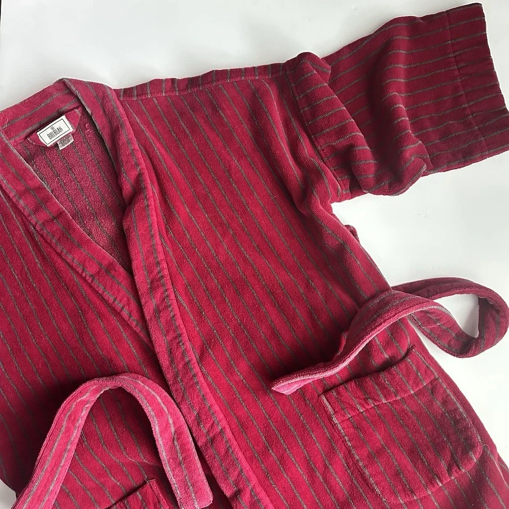 Vintage Bill Blass Robe Mens One Size Burgandy Striped Terry Cotton Belt Lounge